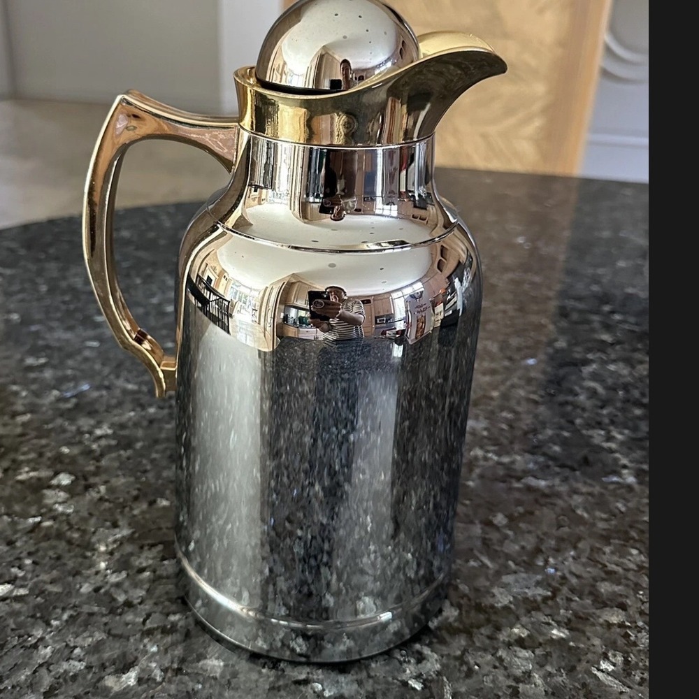 Vintage Chrome & Gold Thermal Coffee Carafe Insulated Pitcher Silver Gold Tone